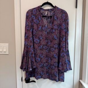 Free People Floral Tunic Top Bell Sleeve Button‎ Up Blouse Bohemian S